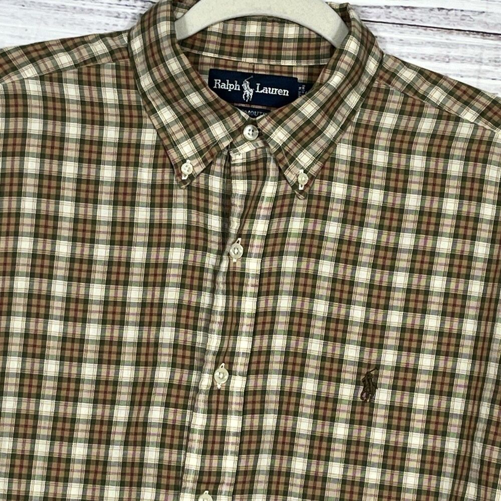 Ralph Lauren Yarmouth Button Shirt Mens 16 (32/33) Green Tan Cotton Pony 90’s